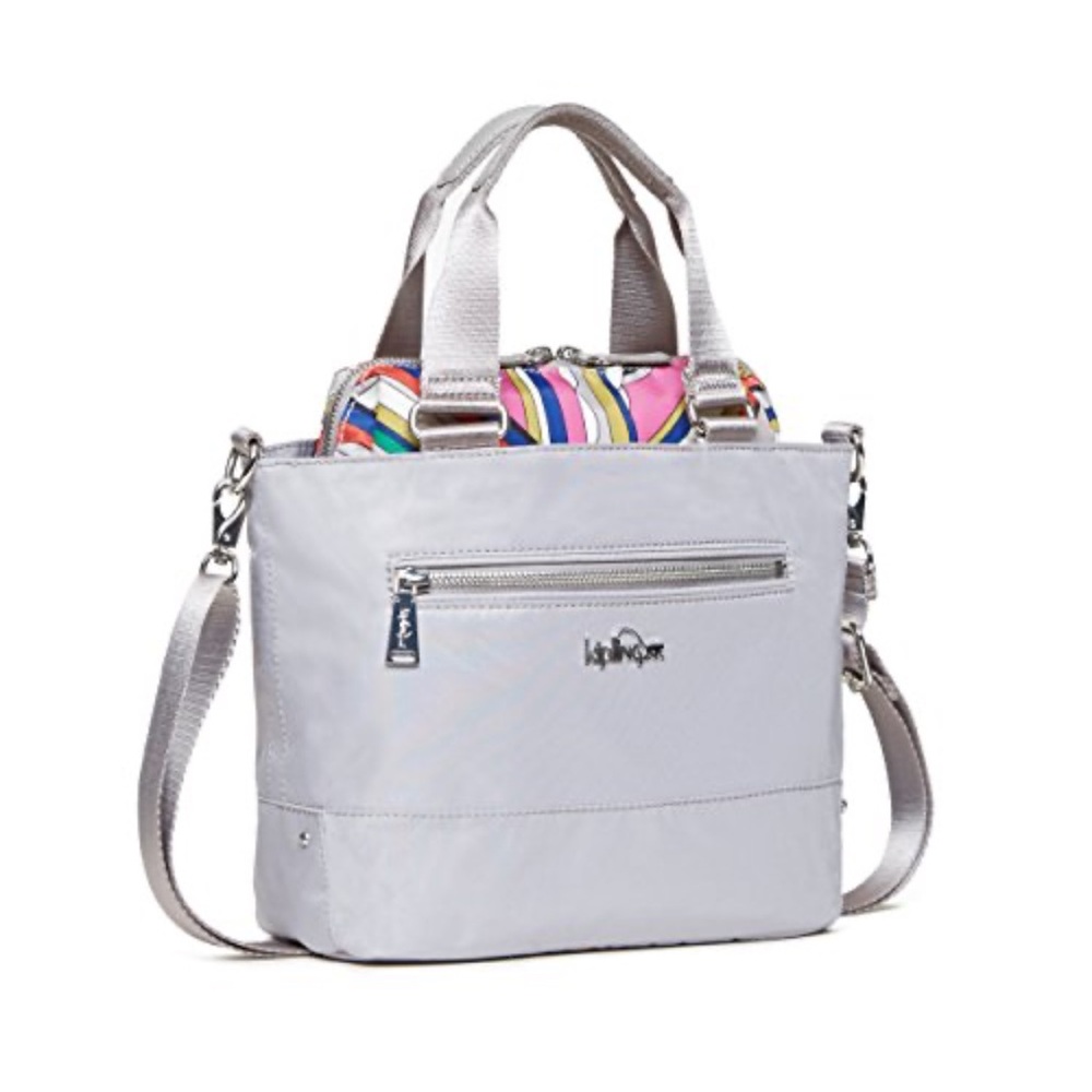 Kipling Adelina Silver light grey pockets multicolor nylon Tote satchel Bag